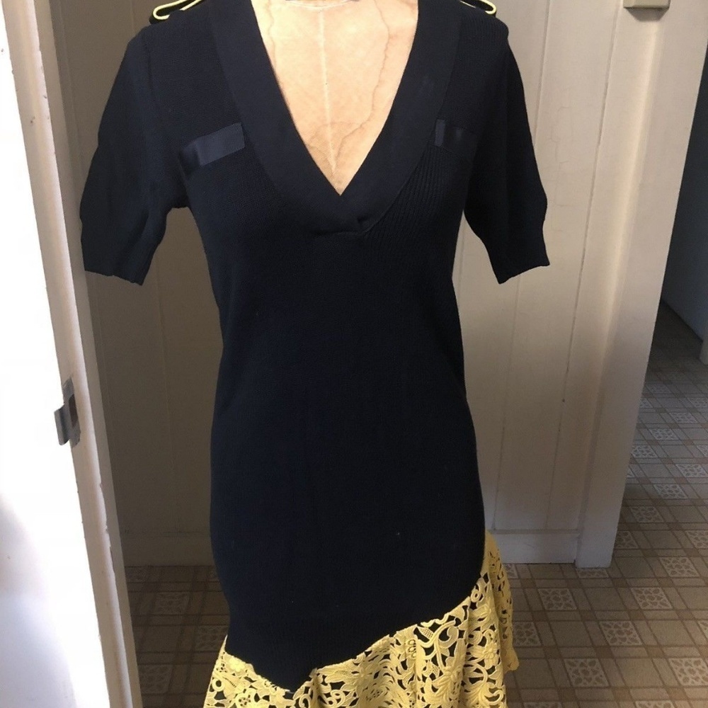 SACAI sz XS Navy Blue Knit Dress YELLOW Floral LACE